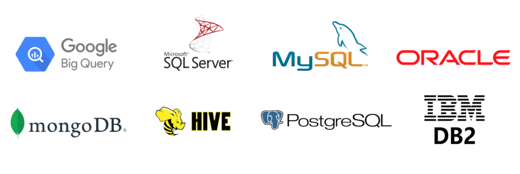 Principales bases de datos SQL y NoSQL: big query, Mysql, sqlserver, oracle, db2, postgresql, hive, mongodb, sqlserver